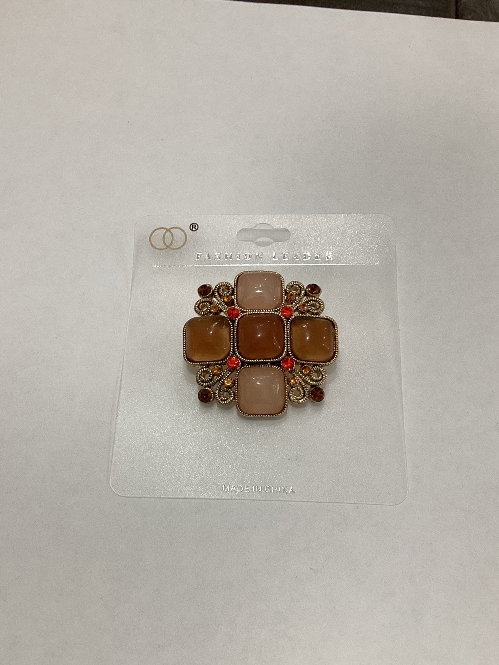 Gold-Tone‎ Square Cabochon Brooch in Beige and Brown